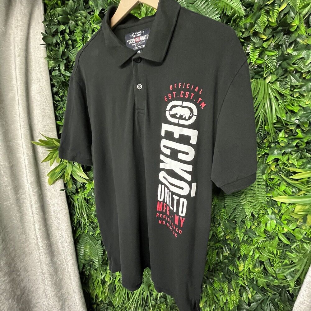 ECKO UNLTD Mens Polo Shirt XL Black Graphic Logo Print‎ Y2K 1546